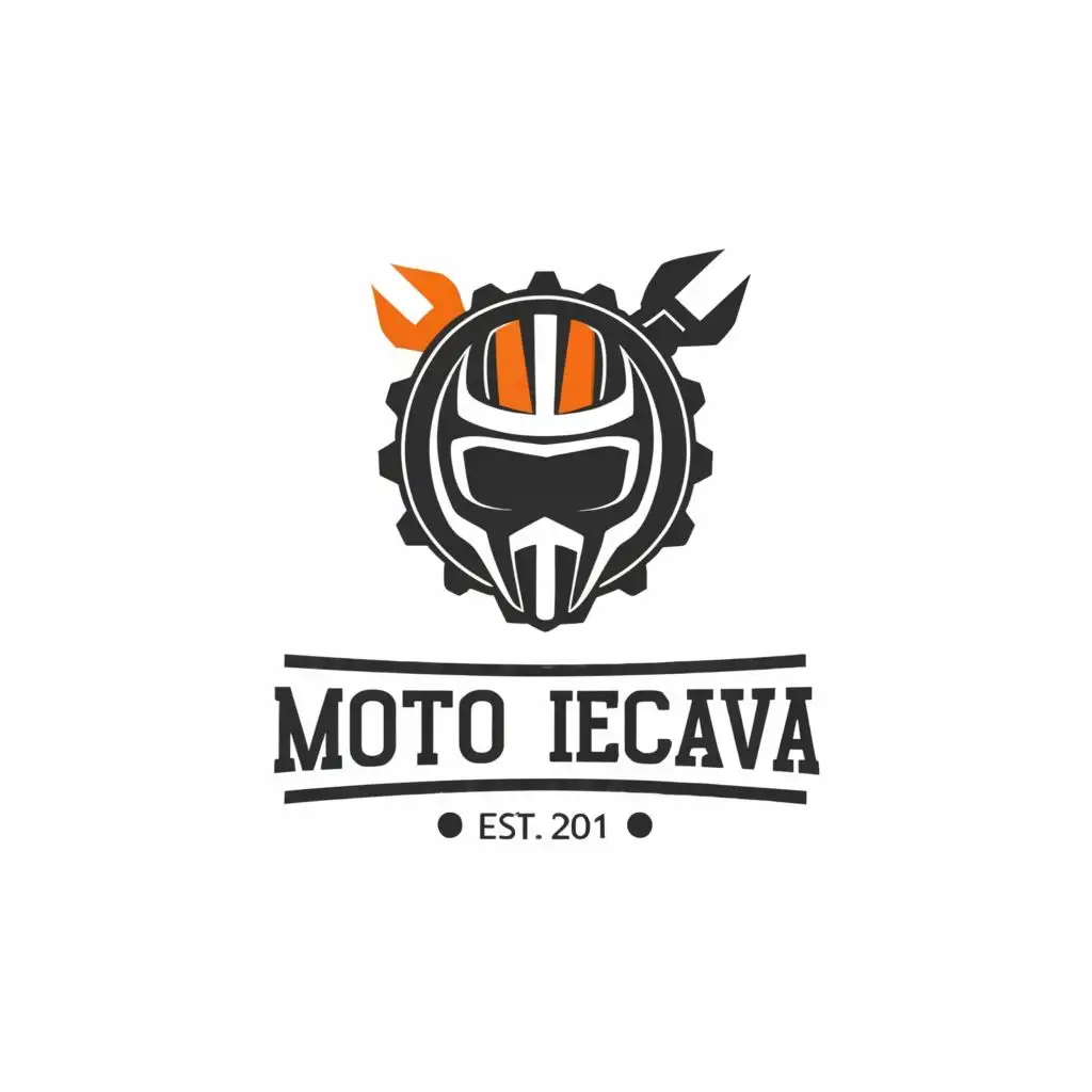 a logo design,with the text "MOTO IECAVA", main symbol:motorcycle helmet wrench gears,Moderate,be used in Automotive industry,clear background