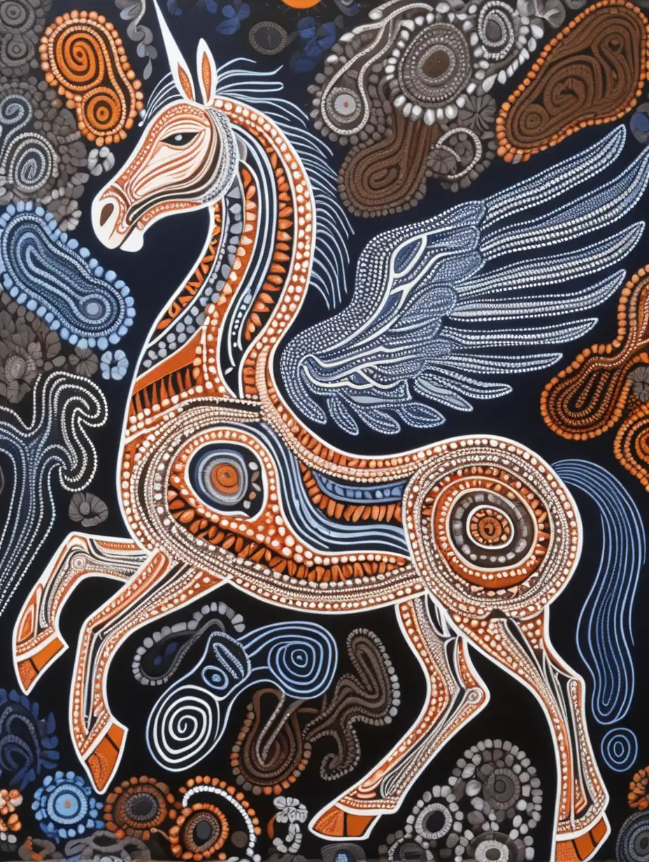 modern-australian aboriginal-art-in-earthy-colors-with-white background, black, navy blue pink-blue-orange-brown-white-grey-black-with-a-pegasus