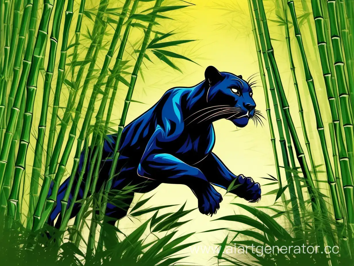 пантера, бросающаяся на добычу из зарослей бамбука, цветное изображение