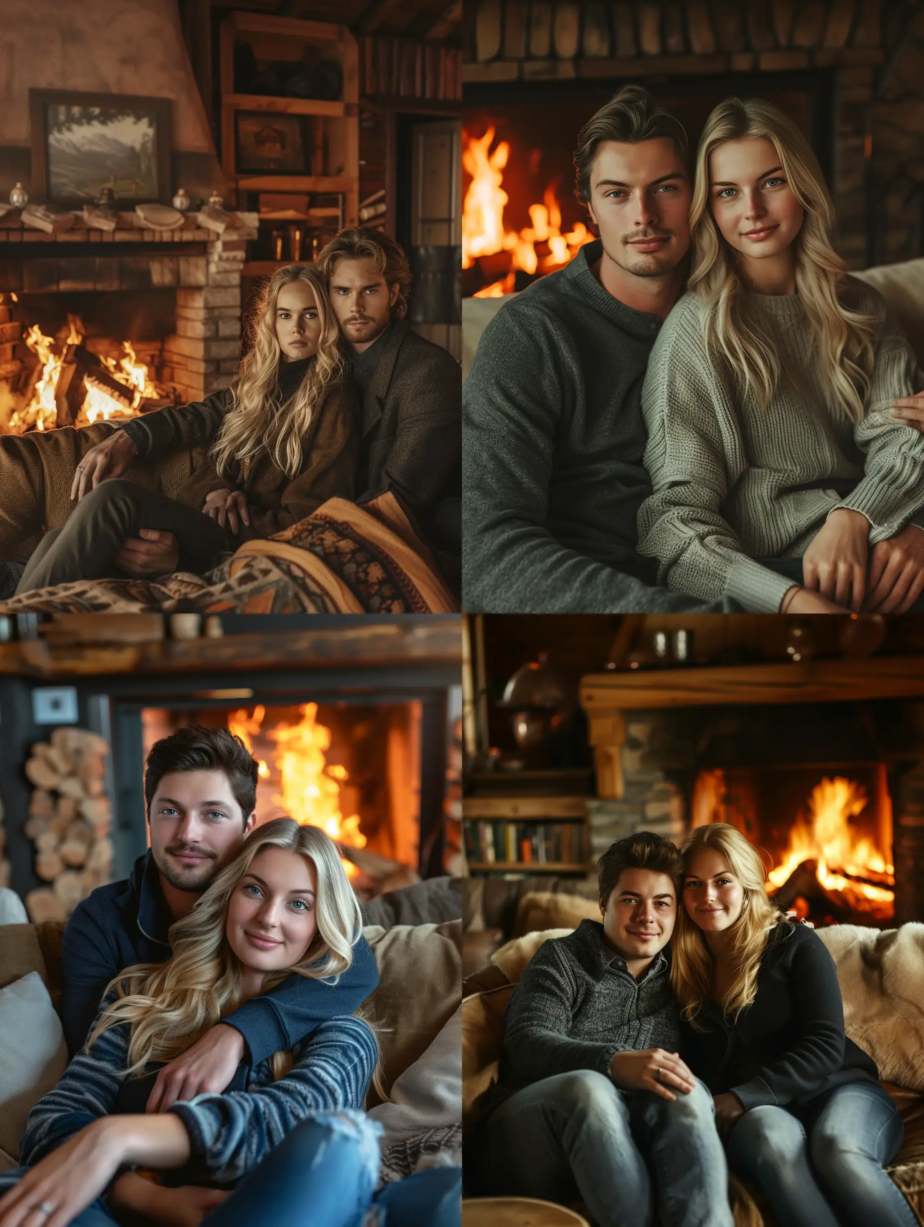Man and woman sitting on a couch by a burning fireplace. in a cozy romantic atmosphere. the girl has blonde hair faces look into the camera well seen realistic photo with details