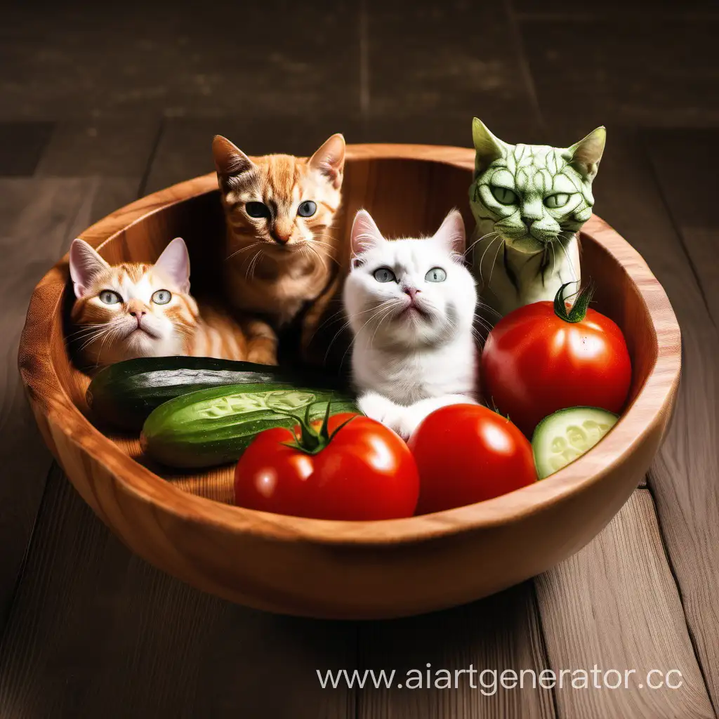 Овощные котята: помидор с кошачьей мордочкой, огурец с кошачьей мордочкой и лук со сморщенной кошачьей мордочкой. Все котята лежат в деревянной миске. Рядом стоят специи и оливковое масло