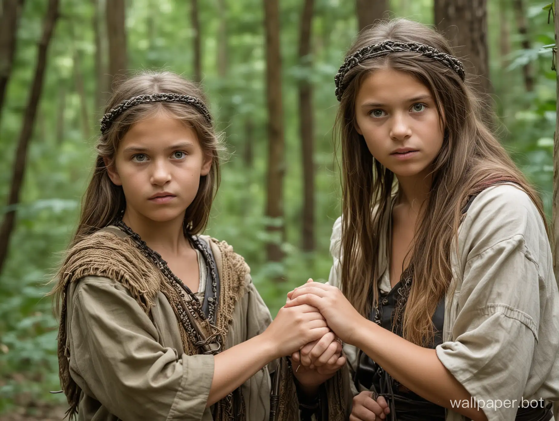 Mother and daughter 11 years old barbarians sneak in the wild forest