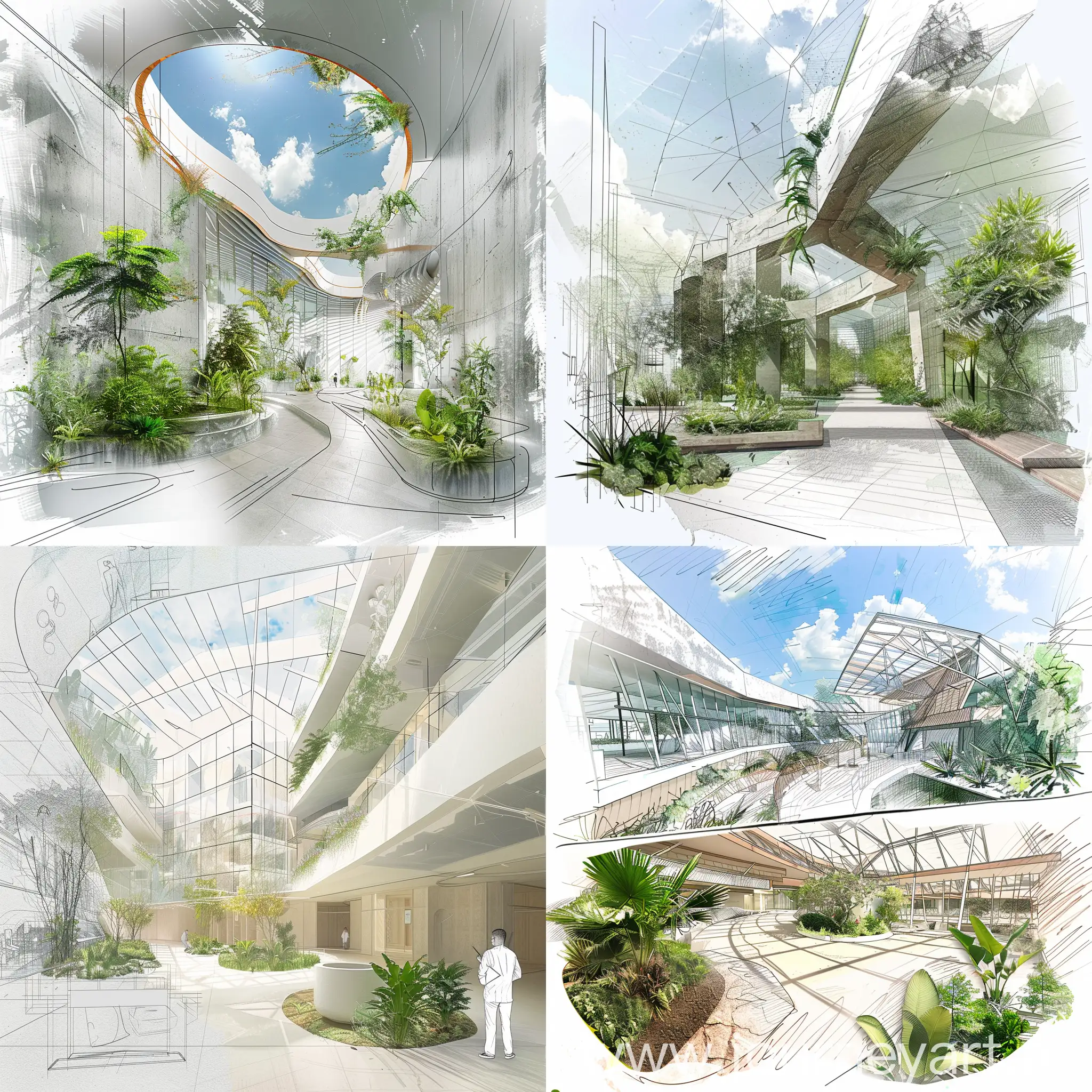 Rehabilitation-Center-Design-Atrium-Collage-with-Plants-and-Hospital-Sketch