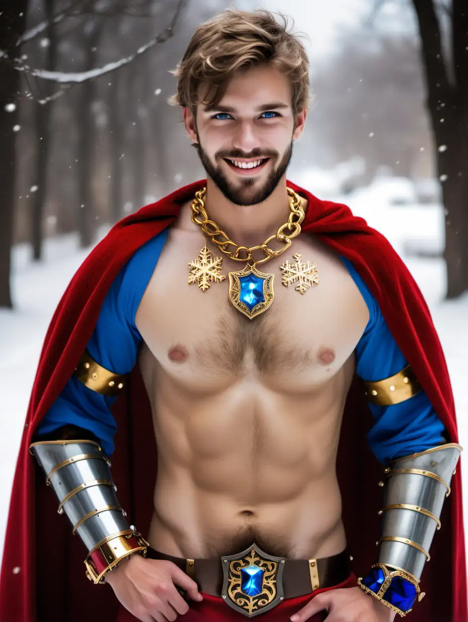 handsome hairy chest almost naked european male knight, 19 years old, bearded, short hair, blue eyes, 5 o'clock shadow, show hairy chest, show hairy abs, golden necklace with a blue crystal, leg armor, bracelets, smiling, red cape, beard, snowflakes and naked
