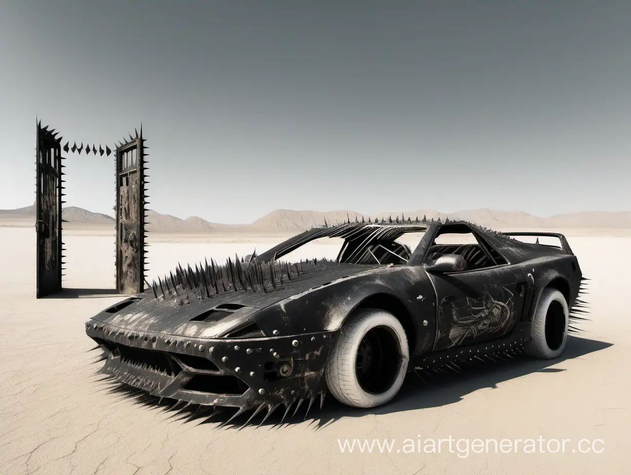  Чёрный спорткар с большим количеством металлических шипов, на двери белой краской нарисован череп, стоит в пустыне, пост апокалипсис