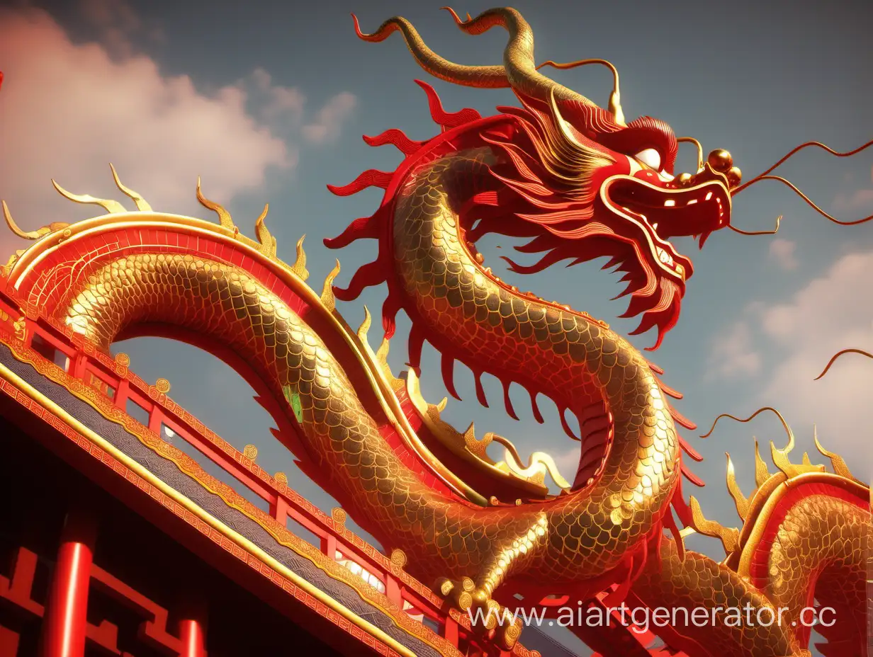 Large-Chinese-Dragon-in-Golden-and-Red-Tones-in-Architecture