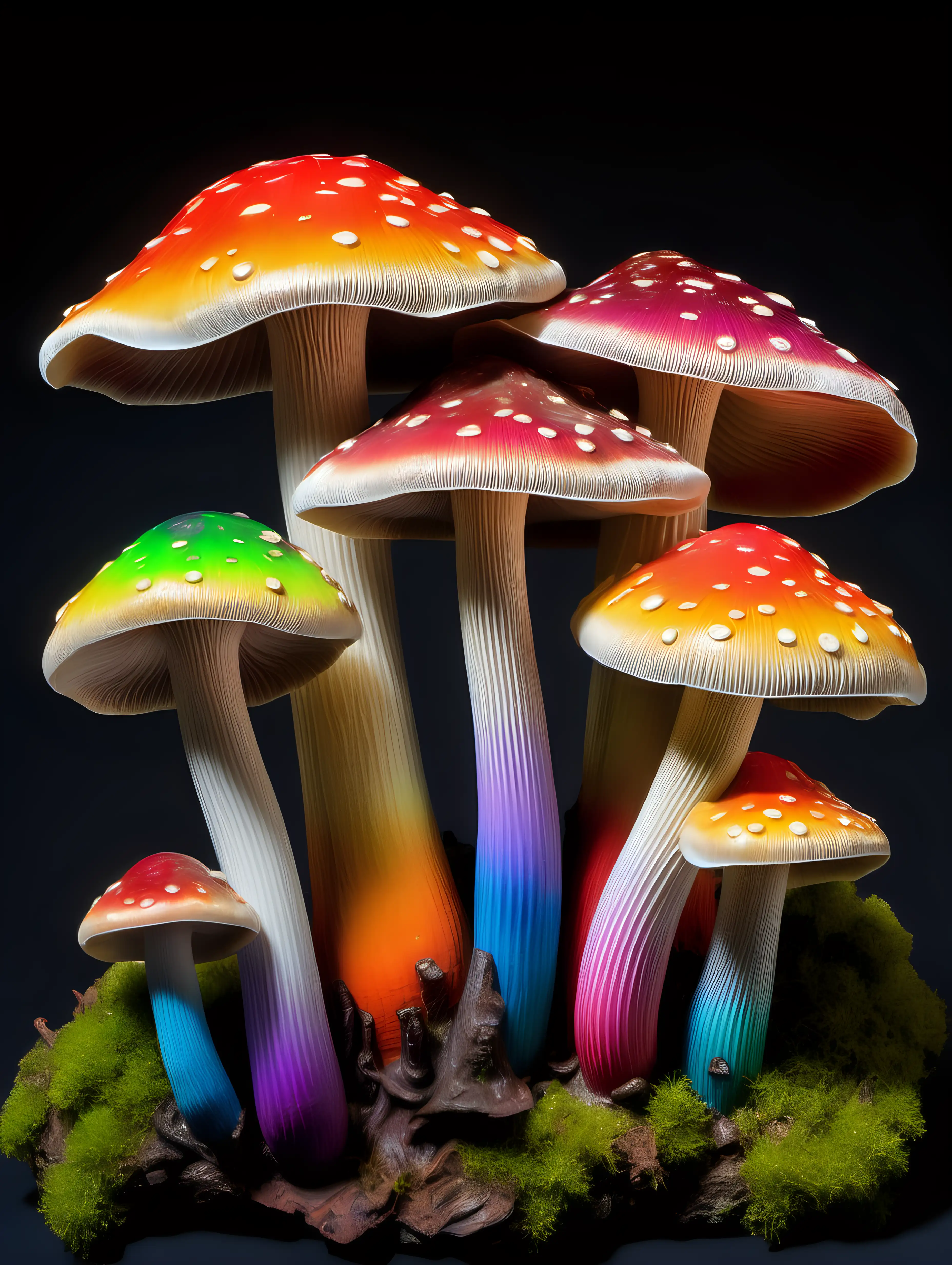 photorealistic rainbow colored towers of  Pleurotus ostreatus,  rainbow colors, bright and vibrant colors, plastic colors, hyper realistic plastic effects, Pleurotus ostreatus, Russula brevipes, Amanita jacksonii, Amanita muscaria, Boletus edulis