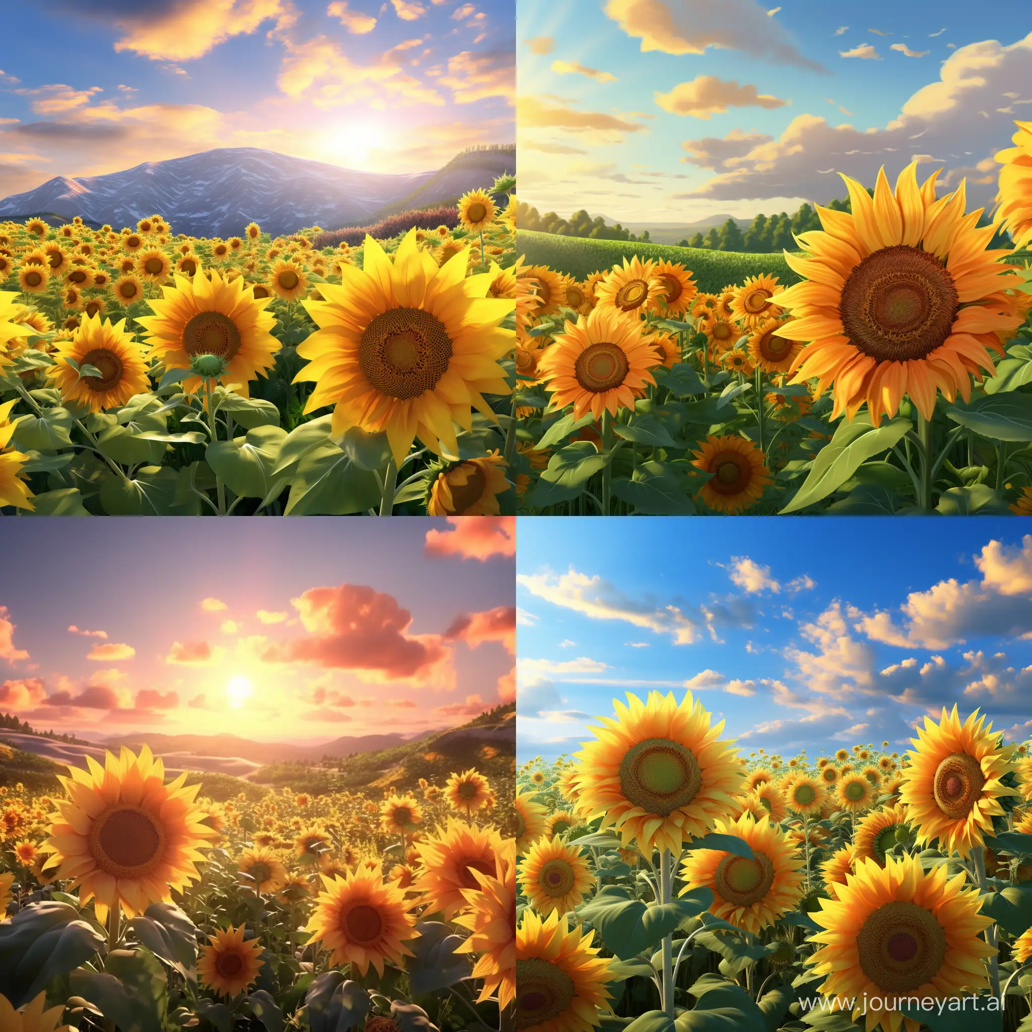 Huge fields of sunflowers. 3D animation 