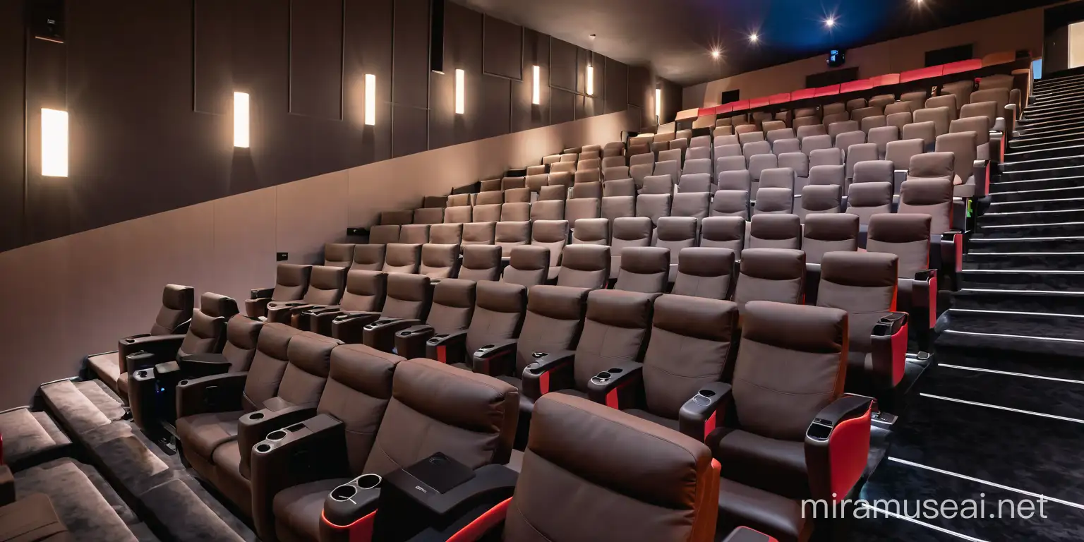 "Placing a small screen in the armrest of each chair, along with integrating some modern technology and changing the colors to fit a cinema atmosphere." with the same colors
