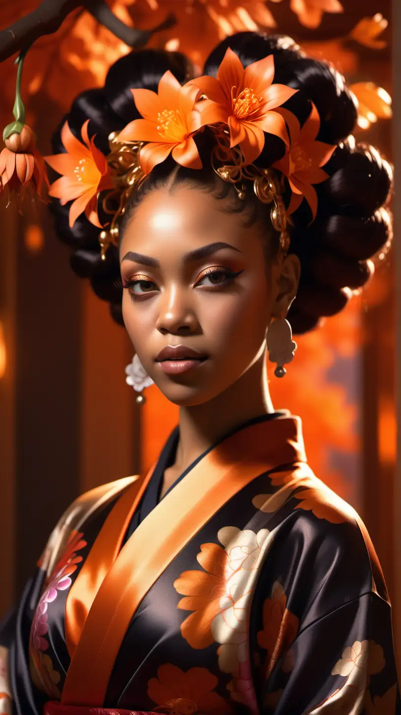 Beautiful  Woman, beautiful light skinned black mixed woman, luminous flowers, highly ornate satin shirt, kimono, flowers in her hair, warm fall colors, brown, orange. contrast, mystical, fantasy, complex background, dynamic lighting, lights, digital painting, intricate pose, detailed, octane render, oil painting, 8K