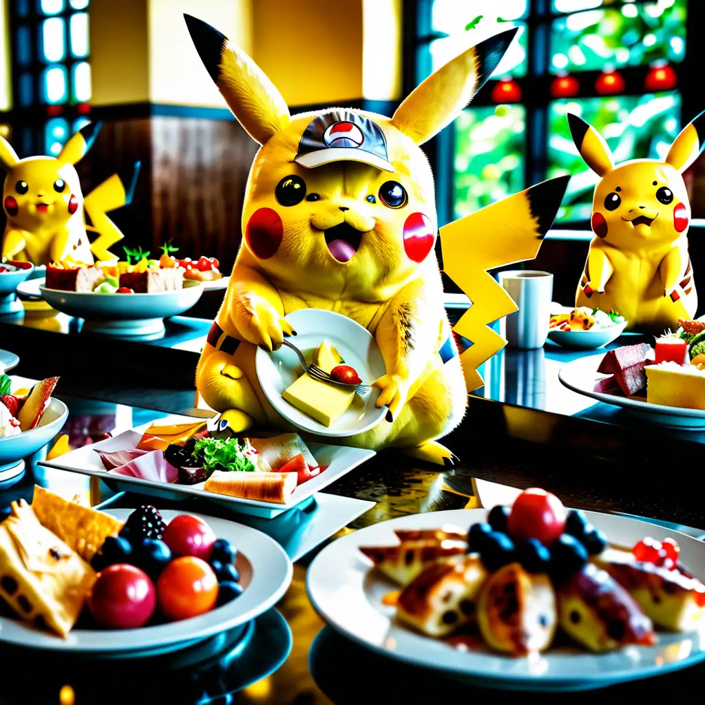 Chubby Pikachu Enjoying a Colorful Breakfast Buffet