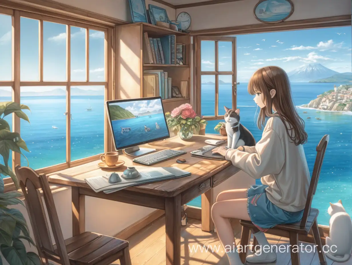 Anime-Style-Girl-Typing-with-Cat-by-Sea-View-Window