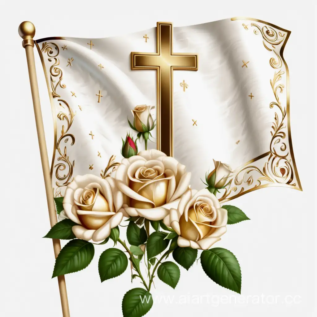 white flag with roses and crosses, there are gold inserts, HD quality, 4k