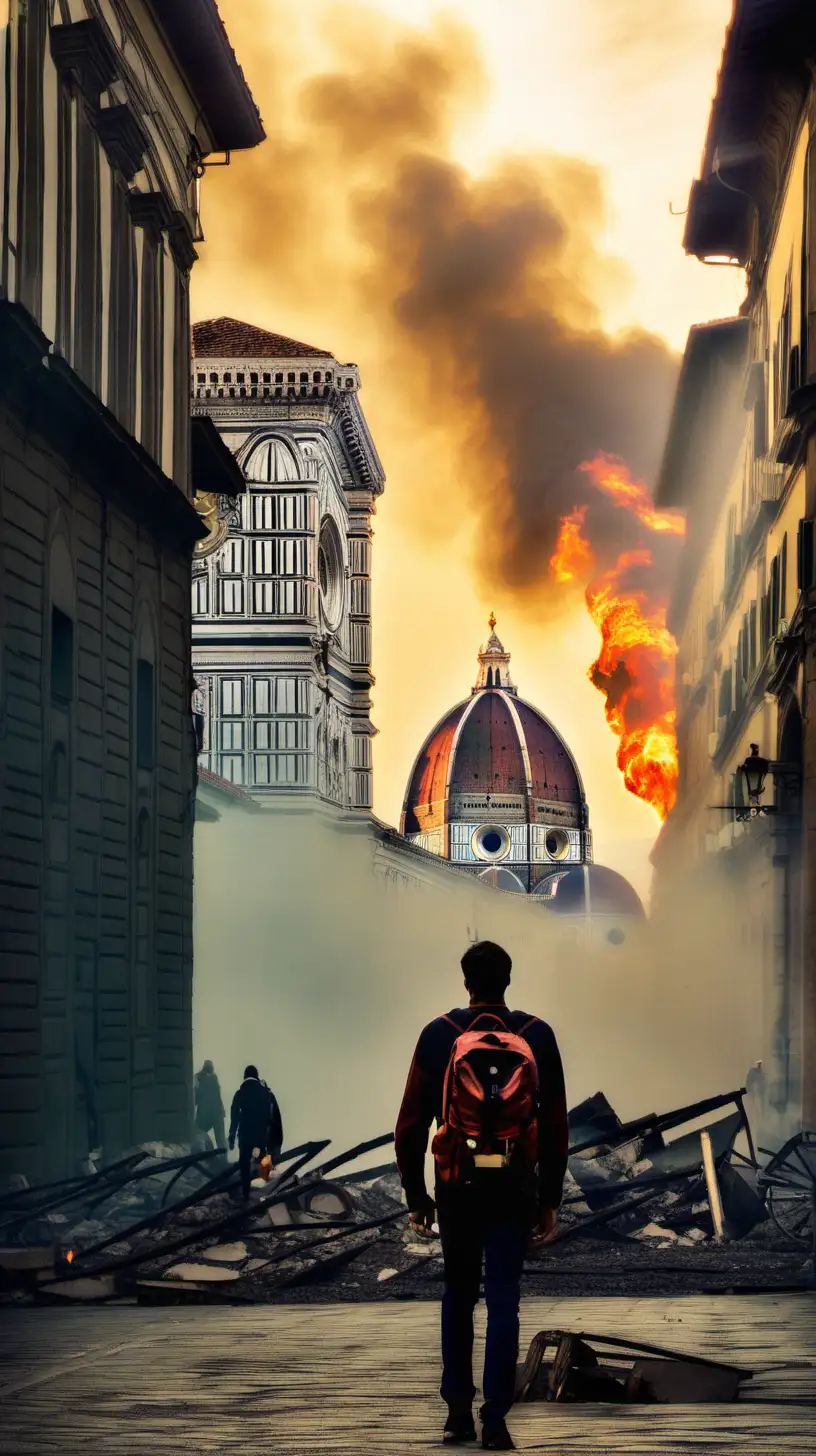 The city of Florence (Italy) on fire. A man with a backpack walks alone among the ruins.