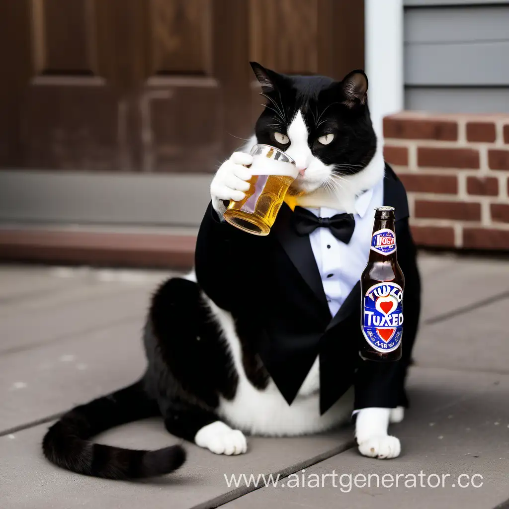 Tuxedo cat having a beer