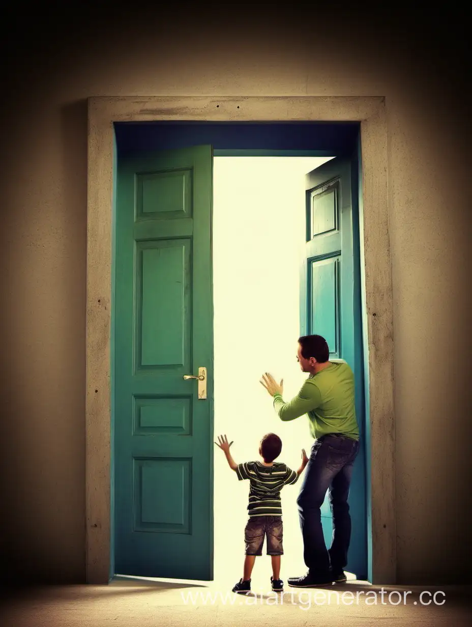 man and little boy, magic door, funny image