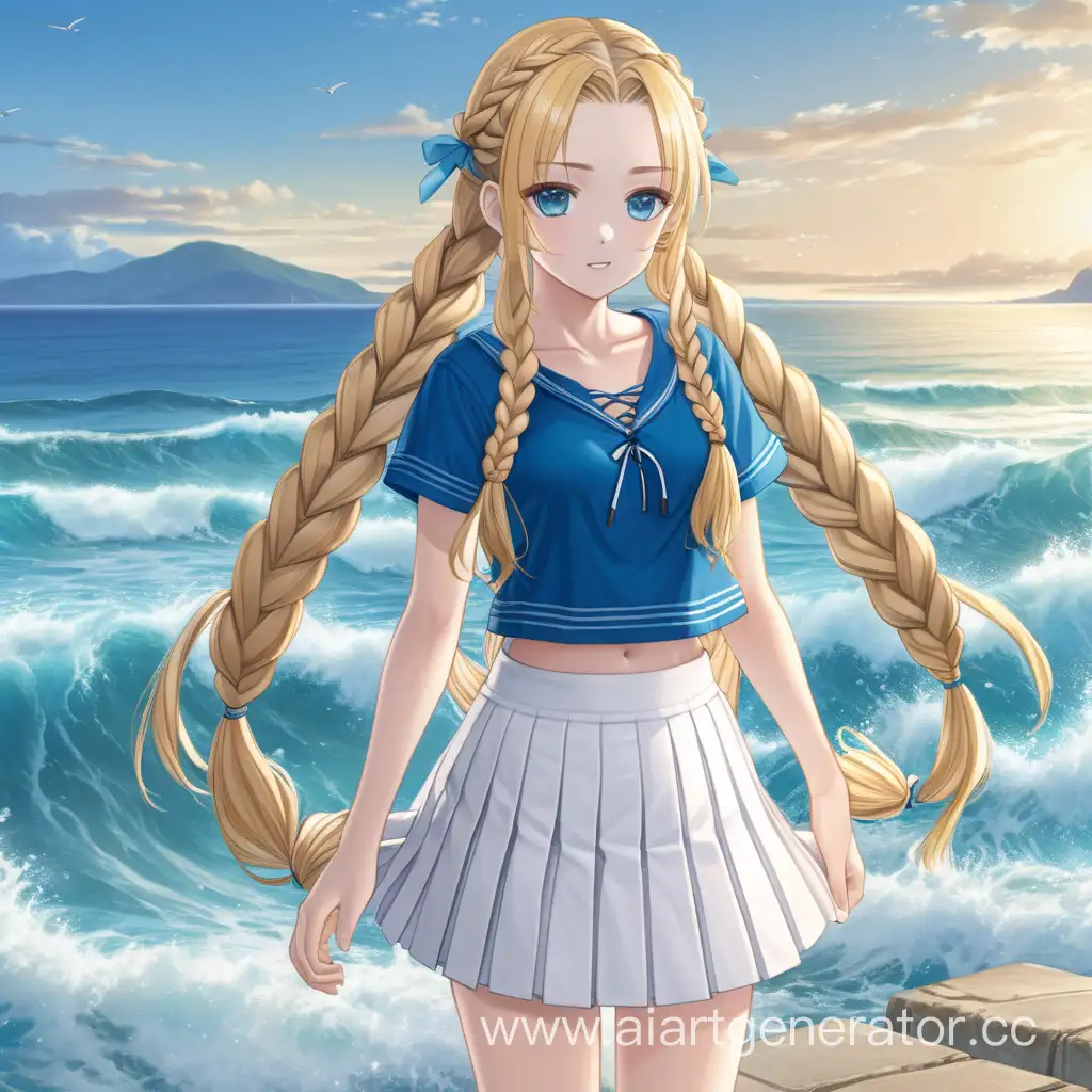 Аниме девочка одета в белую мини юбку плиссе и голубой топ. Длинные золотистые волосы заплетённые в 2 косы. Стоит на берегу океана.