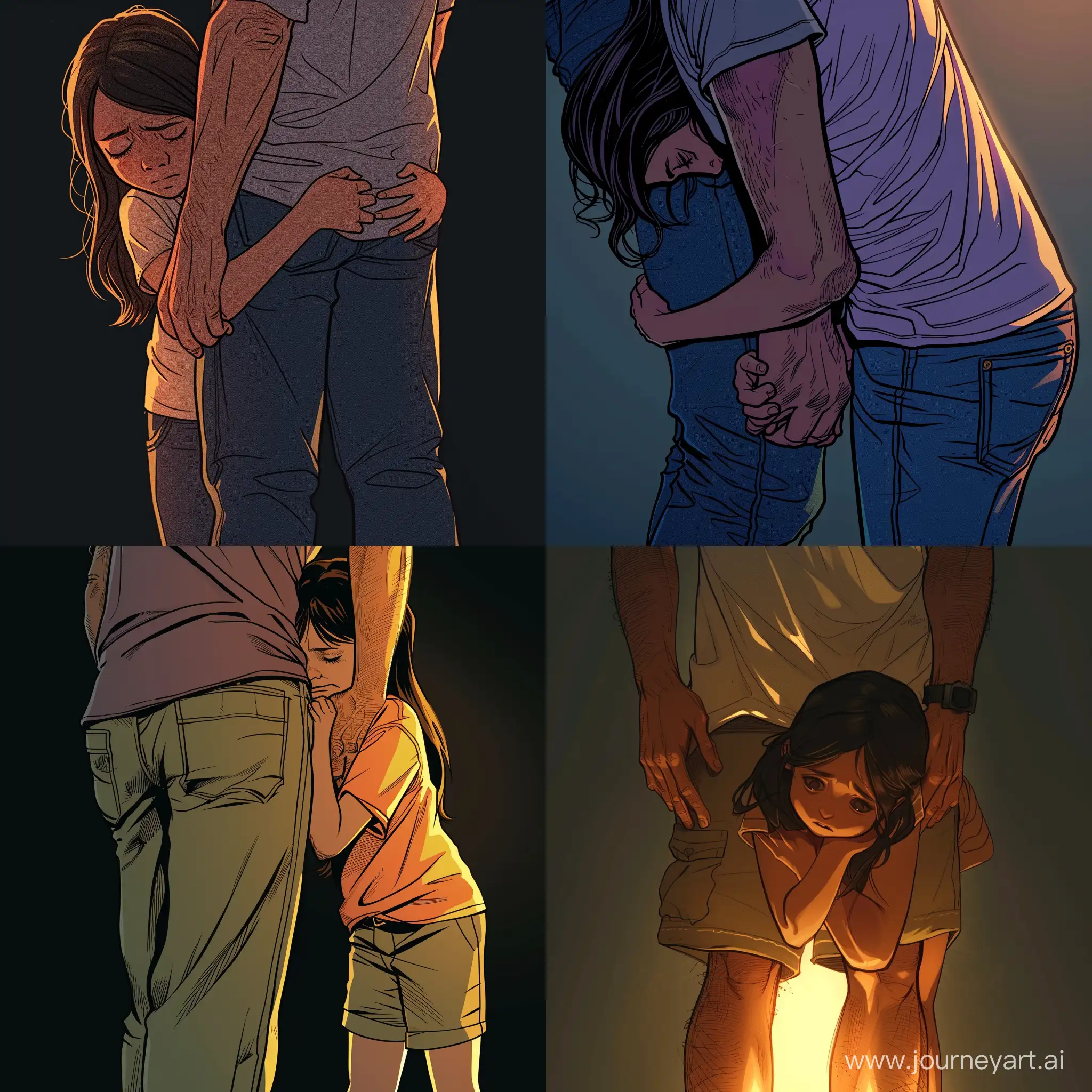 sad little daughter hugs her father's legs, little lighting, modern american comic book style.