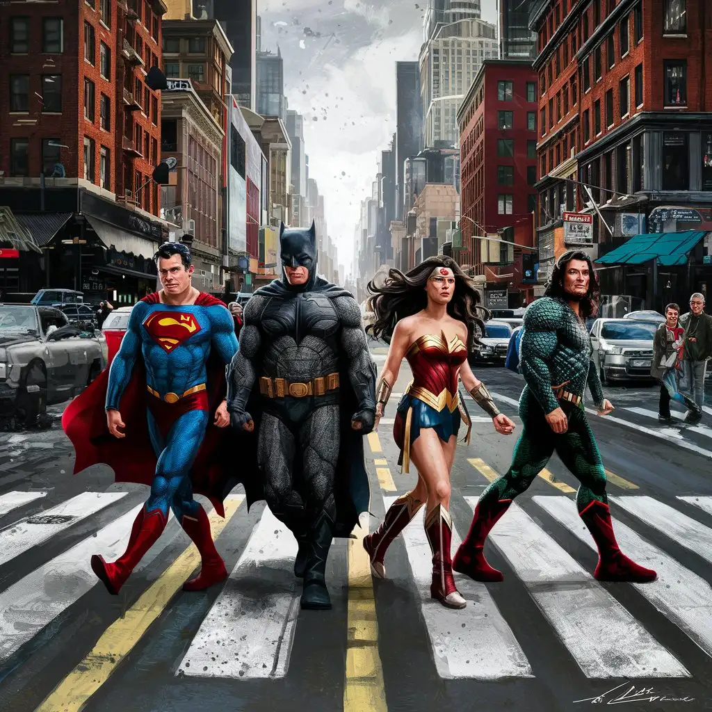 Superman, Batman, Wonder Woman, Aquaman walking across the street. In the style of The Abbey Road album cover. 