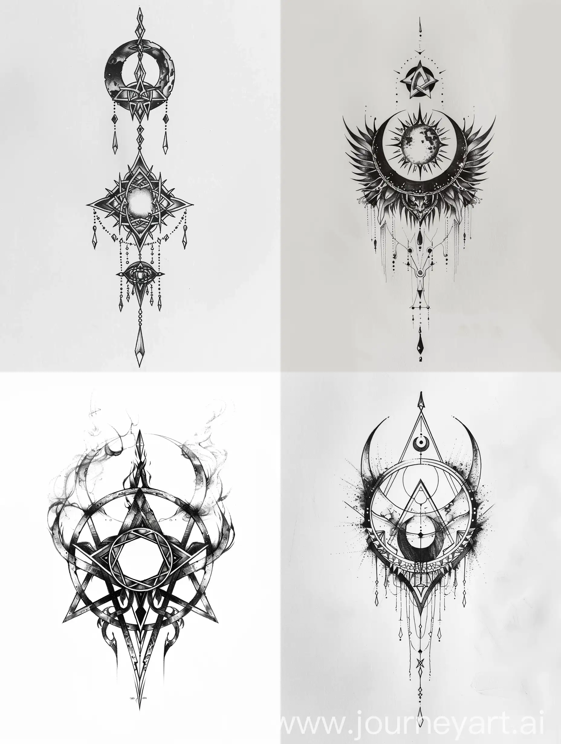line art drawing, tattoo design sketch, witchcraft symbol, white background