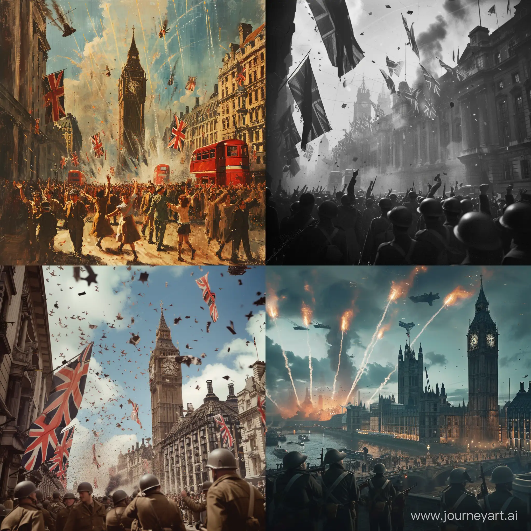 Alternative ending to ww2, showing the victors celebrating in London city