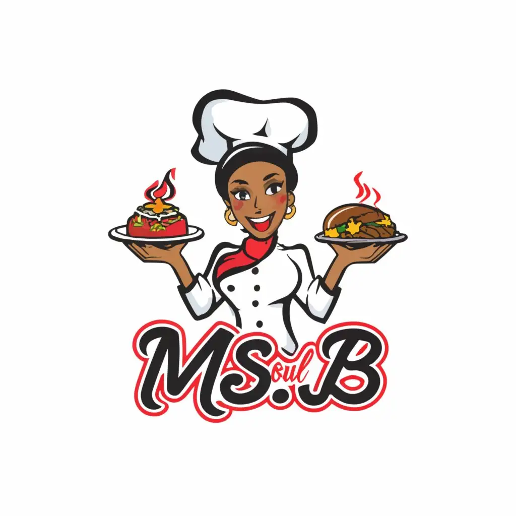 a logo design, with the text 'Ms.B's Yummies', main symbol: black cartoon lady holding soulfood plates, Moderate, to be used in Restaurant industry, with red writing on black background with Ms.B's Yummies