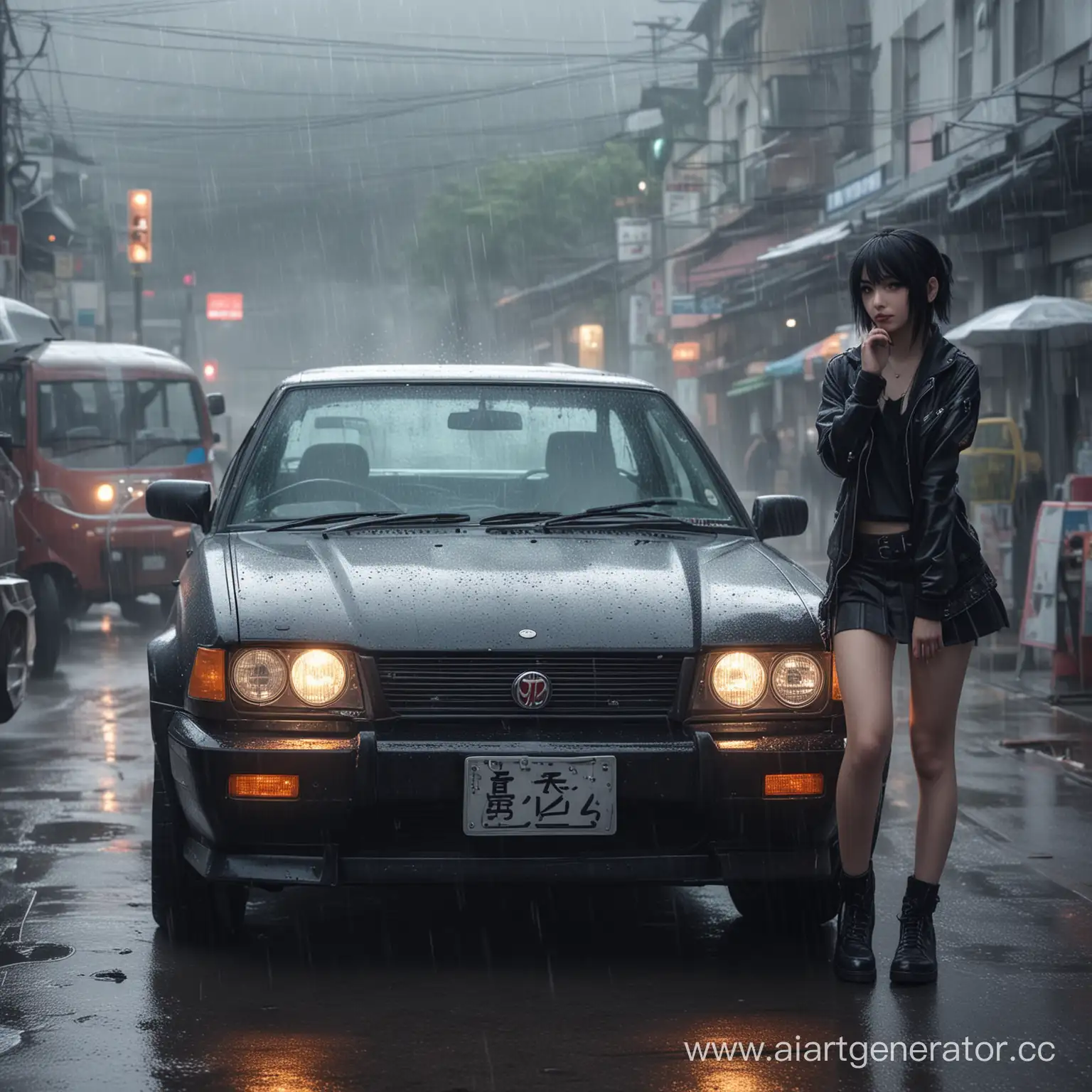Emo-Anime-Girl-by-Japanese-Street-Tuner-Car-in-Dramatic-Rainy-Scene