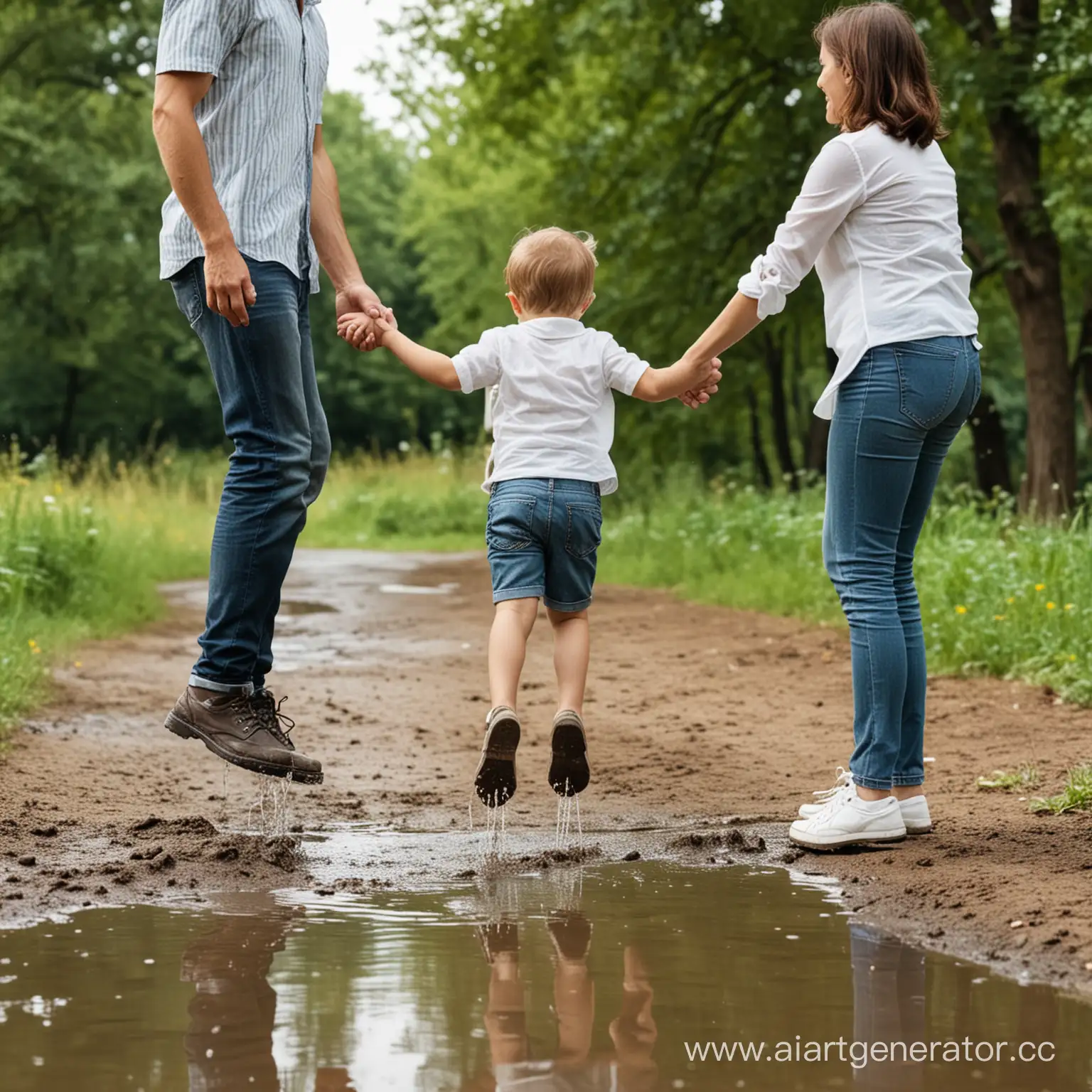 Время года лето и дружная семья гуляет в парке, сын перепрыгивает через лужу, а мама и папа держут его за руки и помогают ему перепрыгнуть