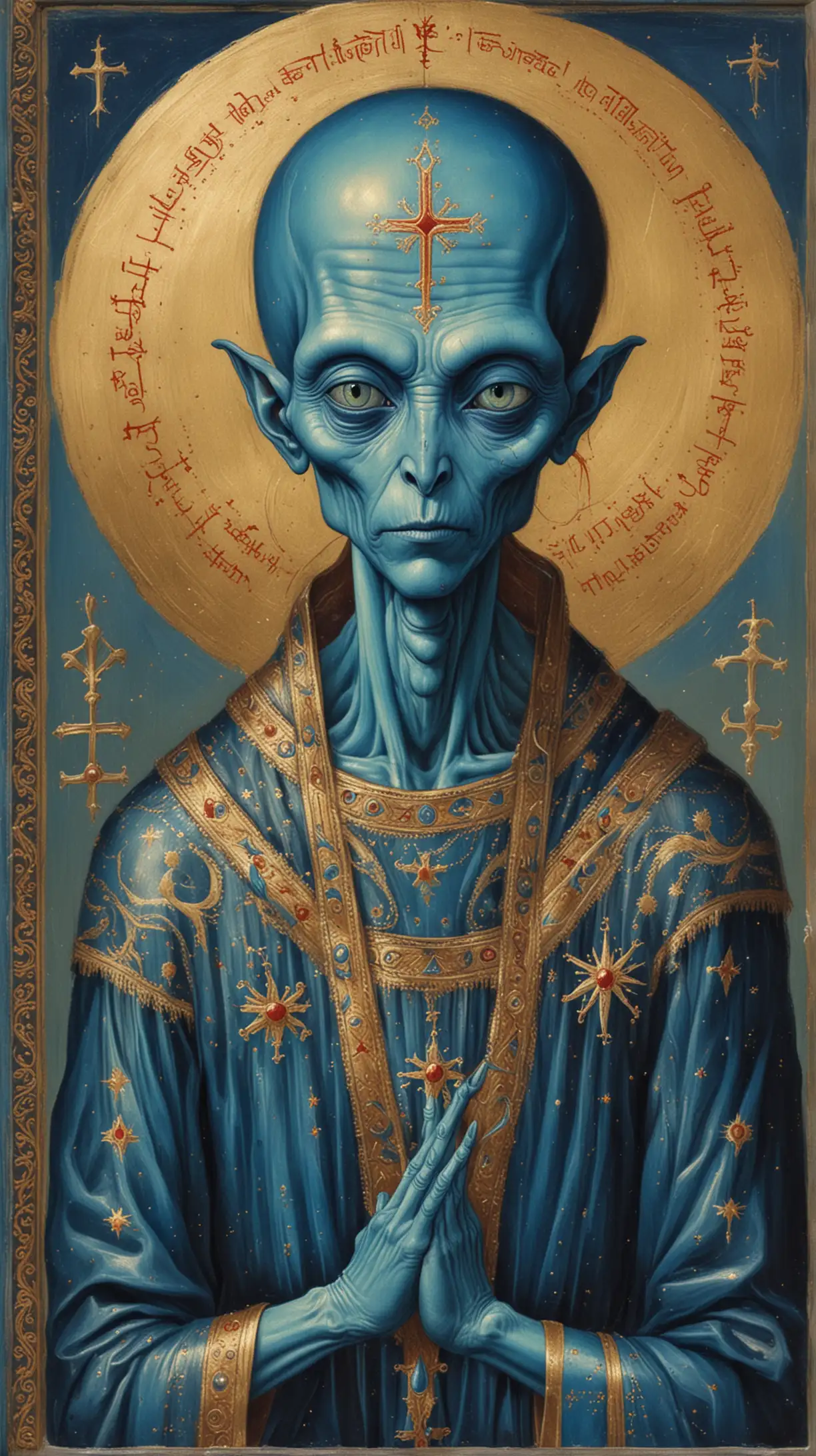 Mystical Blue Alien Icon Sacred Tempera Paintings