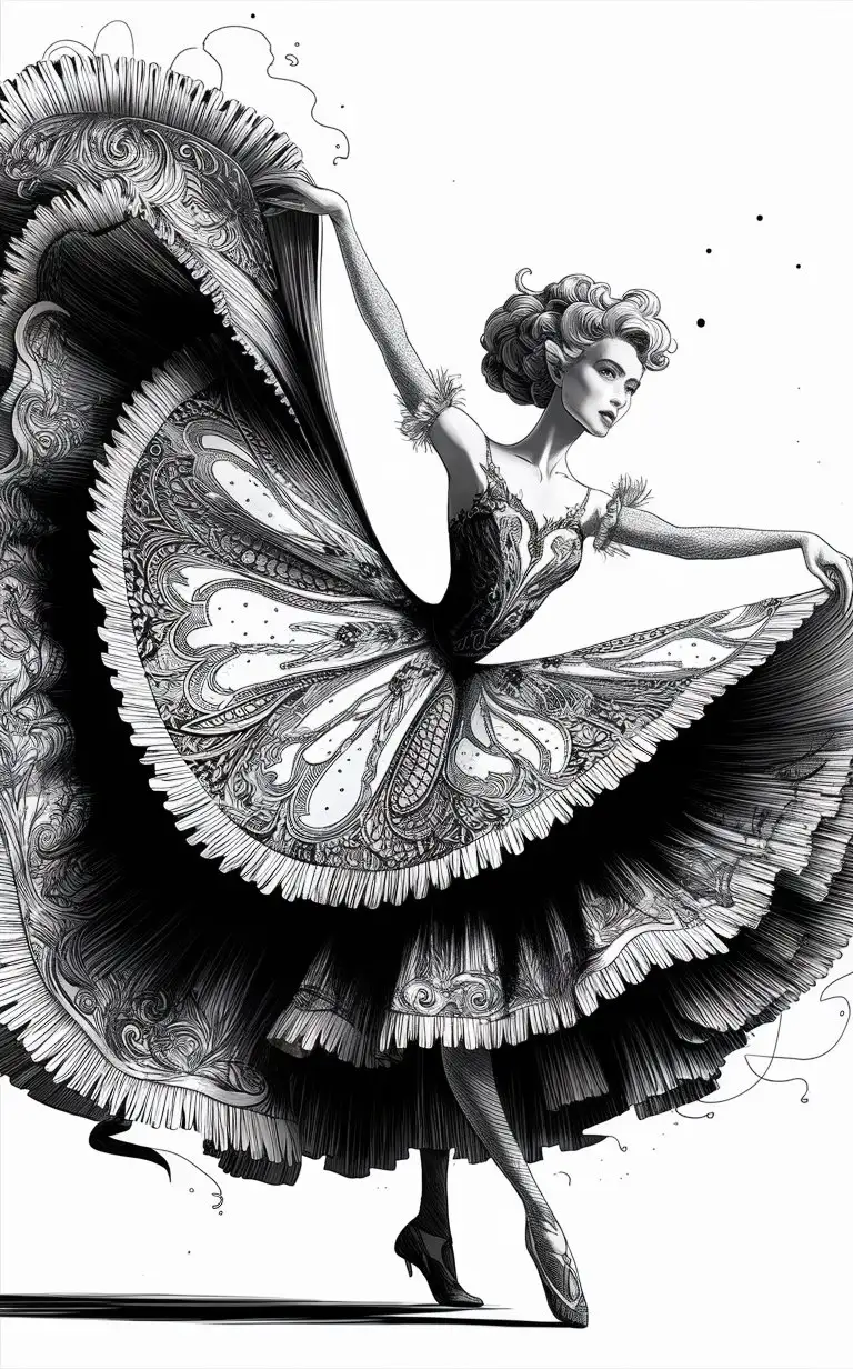 a high-quality illustration of an woman dancing and her dress spinning in the air bold medium outlines in black and white, intricate patterns, detailed, fantasy themes, whimsical, coloring book page, creative design, intricate details, high contrast, textured lines