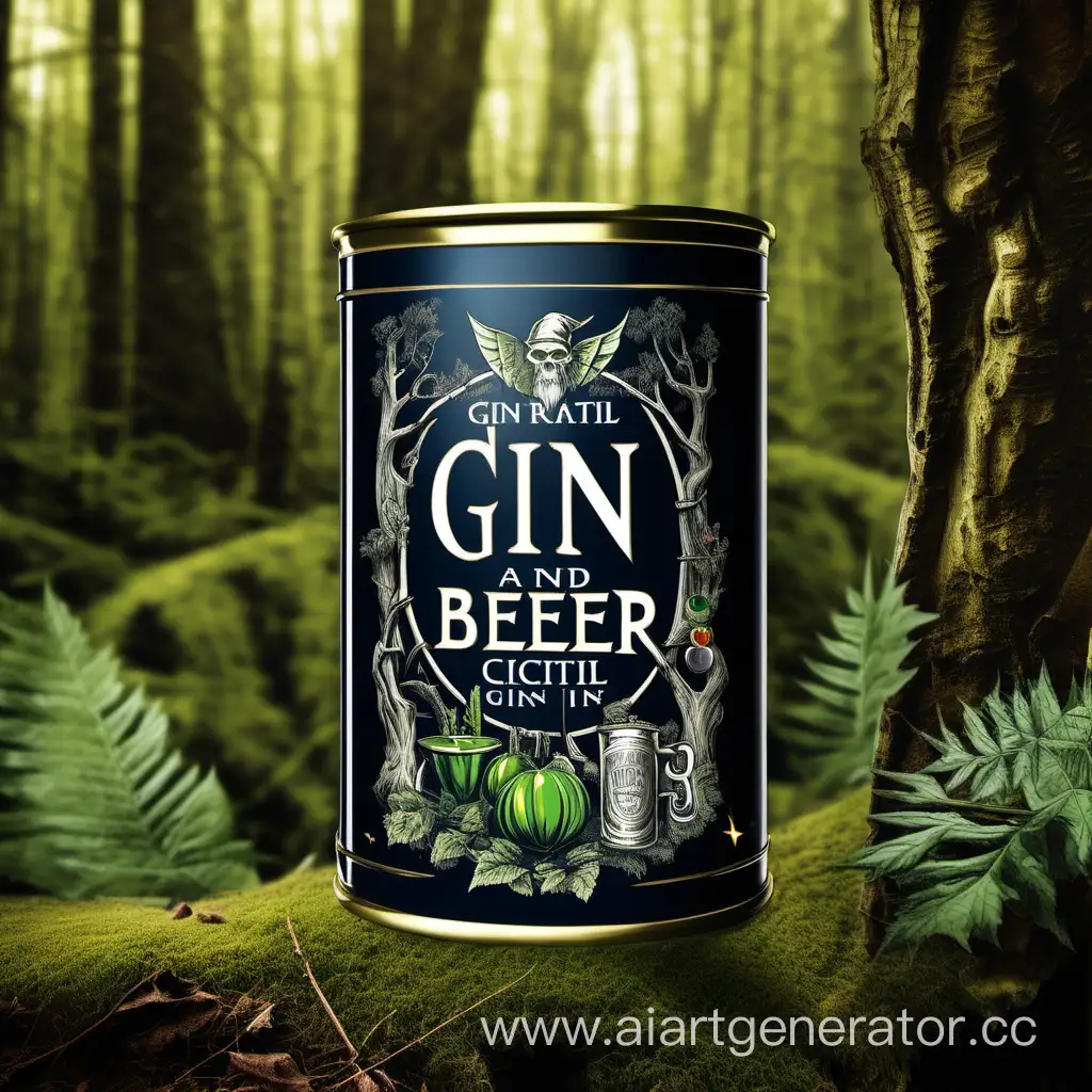 tin can cocktail Gin with Beer with the inscription "Gin&Beer" on the background of a forest where elves, goblins, and knights roam