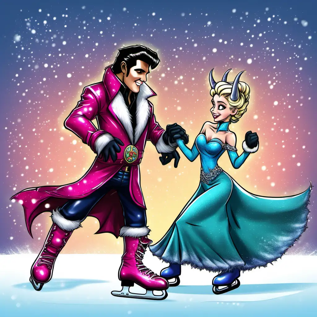 Elvis Bowser and tiefling Elsa dancing on ice-skates