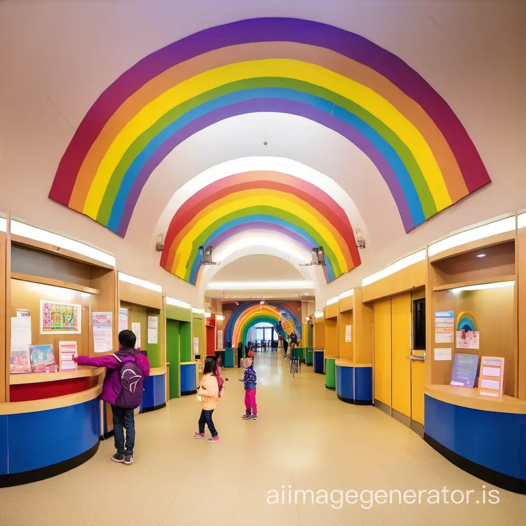 The ticket hall of the children's theater with a rainbow theme.