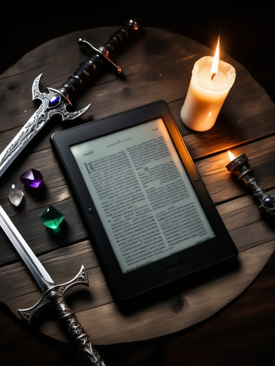 black kindle on the wooden desk along with one old metal sword, a few magical crystals and two small lit candles, top view