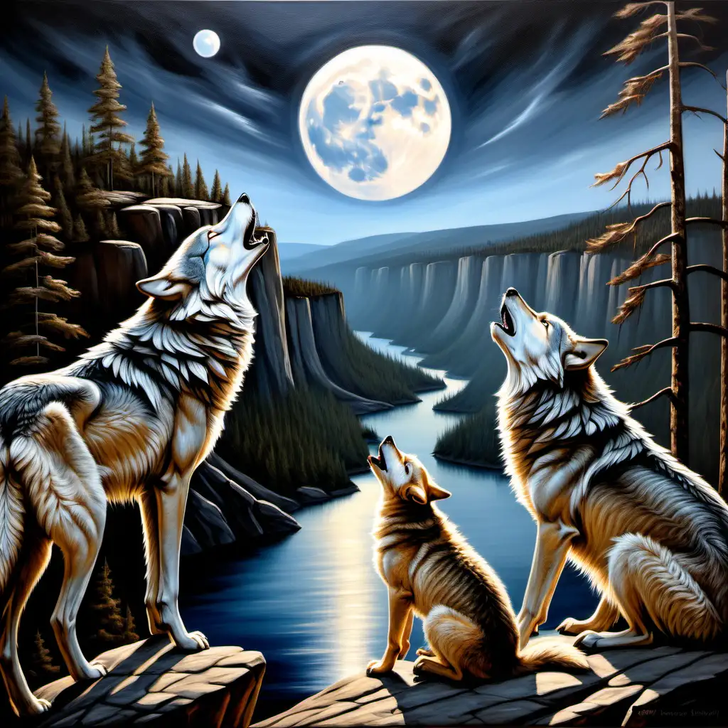  oil painting of howling wolf and pup sitting in front of full white moon on cliff with forest, lake, clear sky, no clouds and mountains
