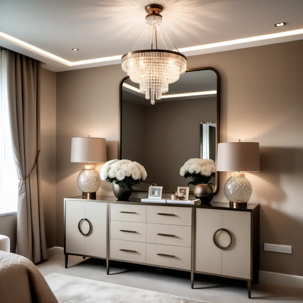 Luxurious Modern Bedroom with Neutral Furniture and Crystal Chandelier