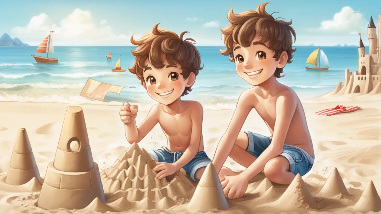 Joyful Boy Building Sandcastles on a Sunny Beach