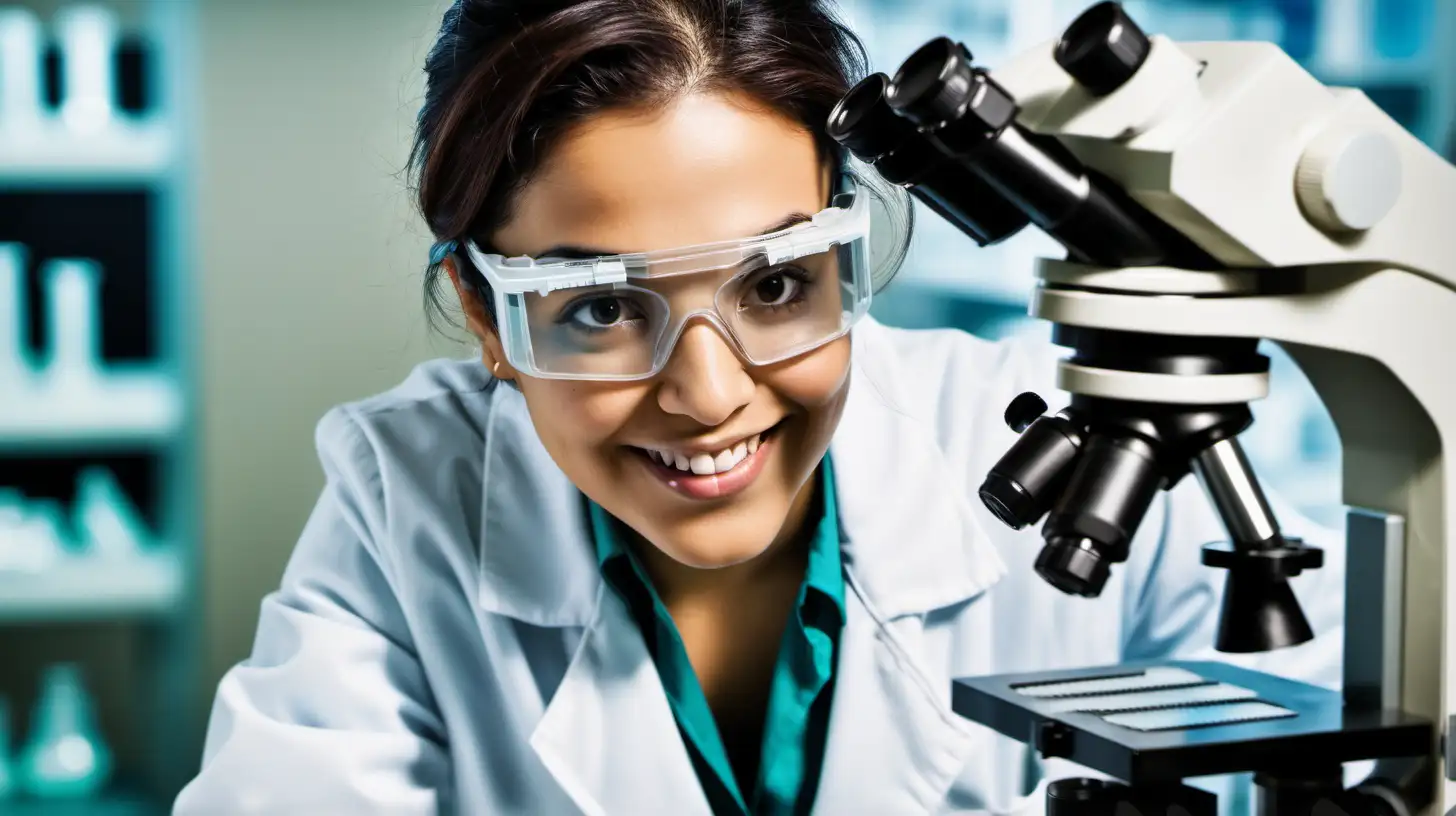 Hispanic woman in laboratory, blurred background, she wearing a lab coat and goggles, late 20s, smiling, looking down microscope, bright image