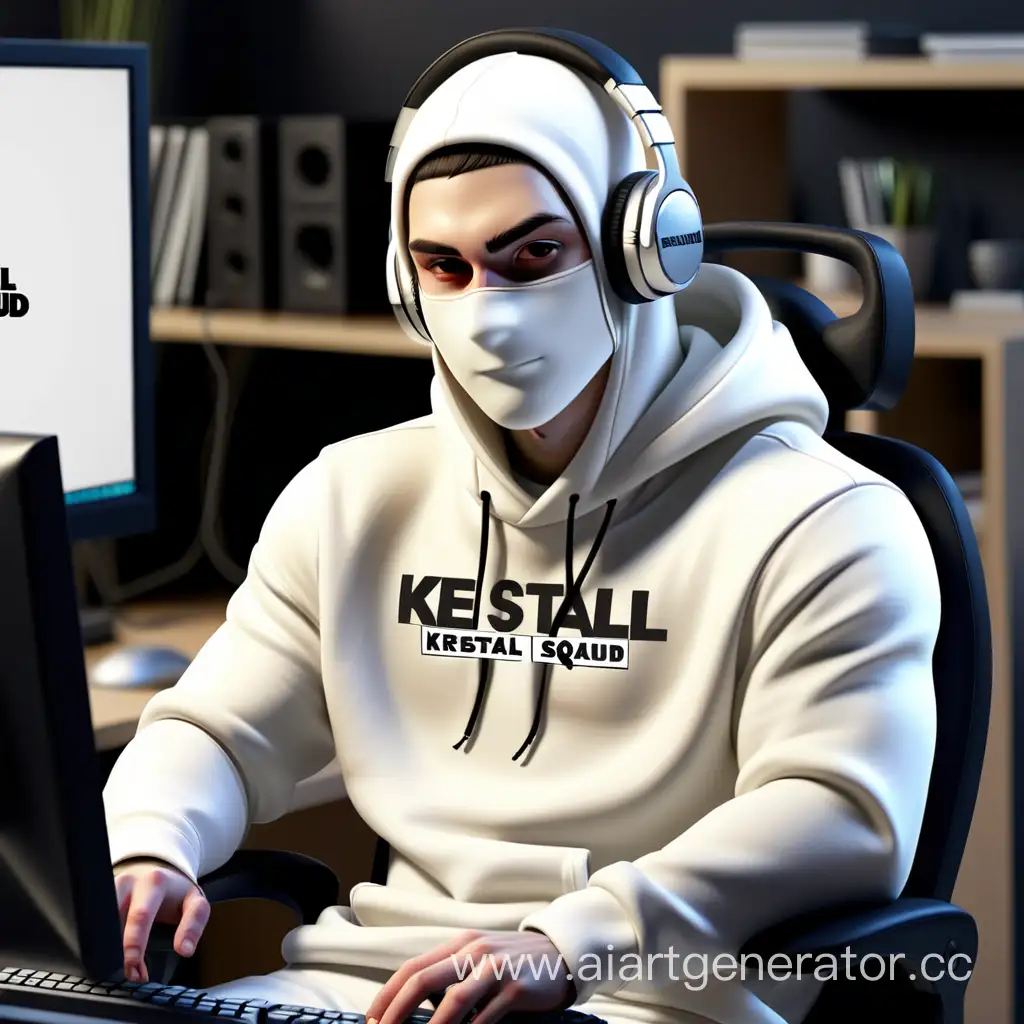 A guy in a white balaclava, sitting in a computer chair, wearing headphones, wearing a white hoodie, at a computer and on a monitor with the inscription "KRESTALL - SQUAD"