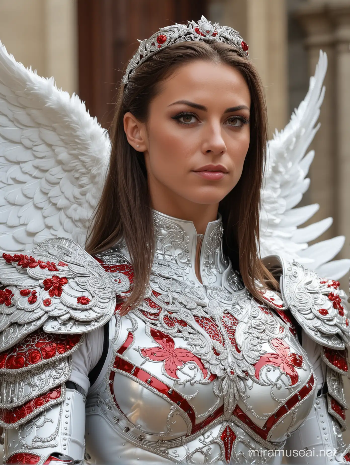 face of a muscled female Austrian bodybuilder, brunette long hair, huge white angel wings, platinum armor with red and white ornaments, silver breastplate with red ornaments, red metal bracers, Gloriette in Vienna, zoom, close-up