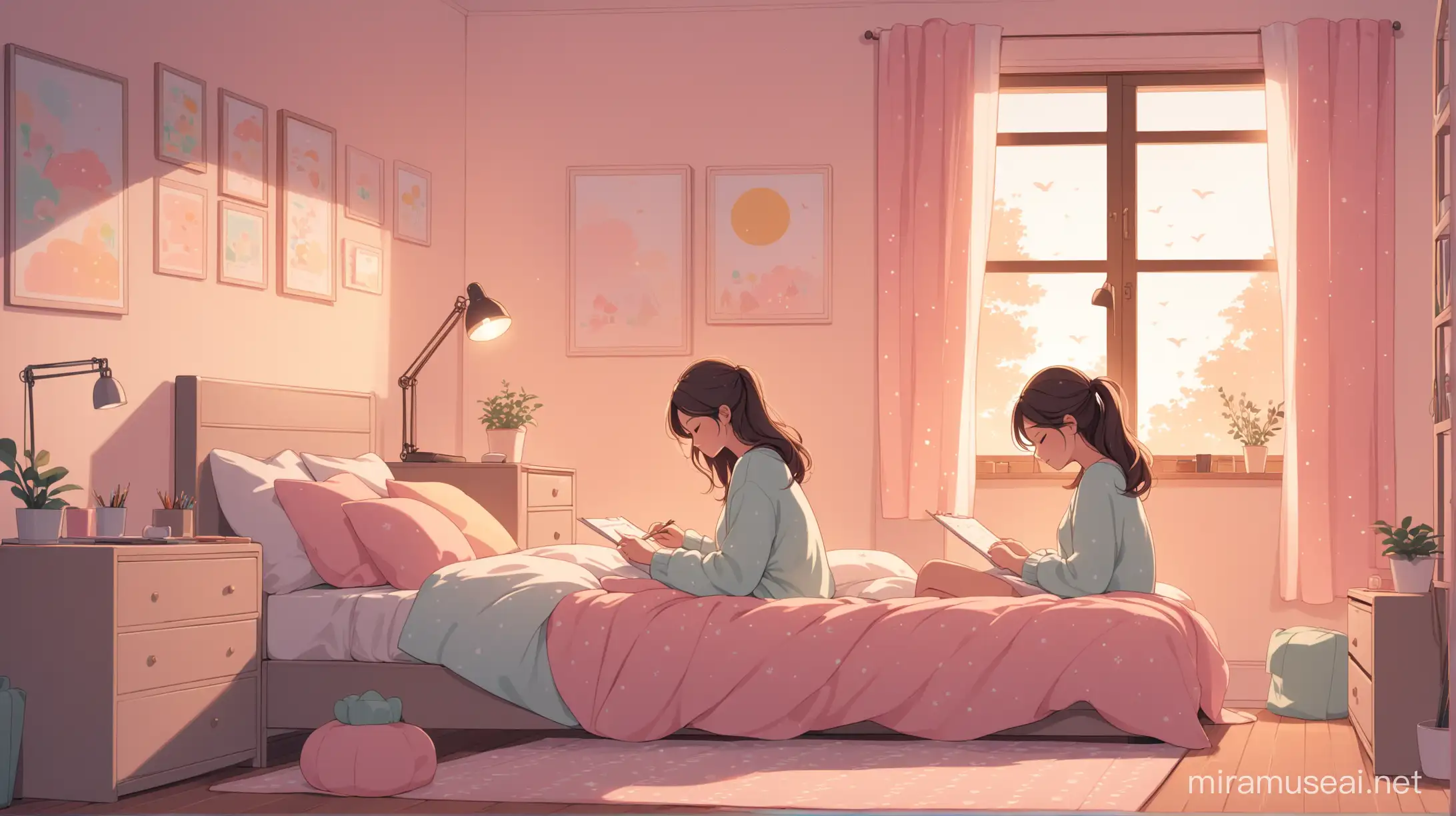 Animated drawing of a girl working in her cosy bedroom. The atmosphere and colours are relaxing, soft and pastel.