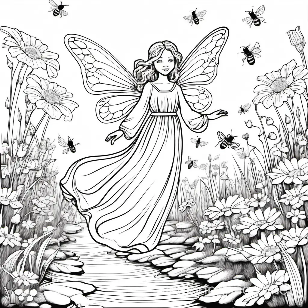 Happy-Fairy-Flying-Over-Brook-with-Bees-Coloring-Page