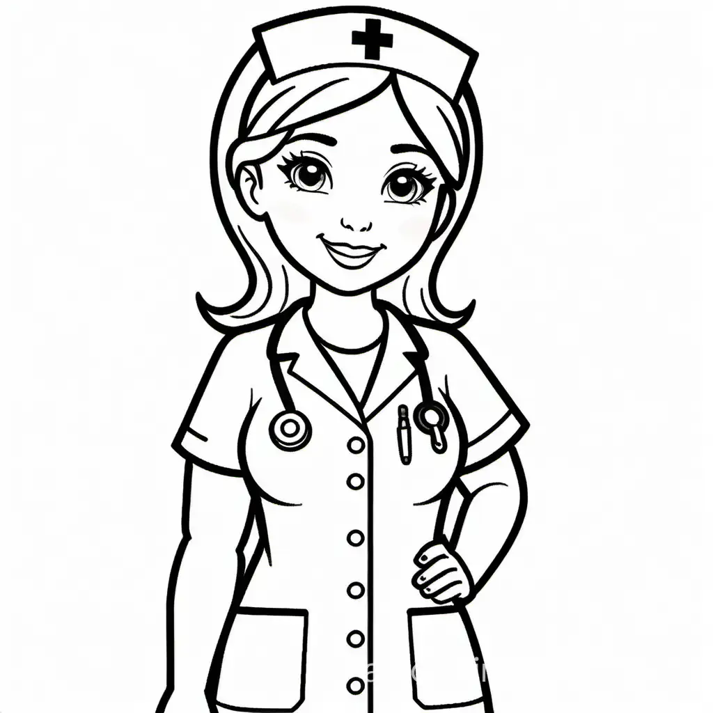 Nurse without stethoscope
No background , Coloring Page, black and white, line art, white background, Simplicity, Ample White Space. The background of the coloring page is plain white to make it easy for young children to color within the lines. The outlines of all the subjects are easy to distinguish, making it simple for kids to color without too much difficulty
