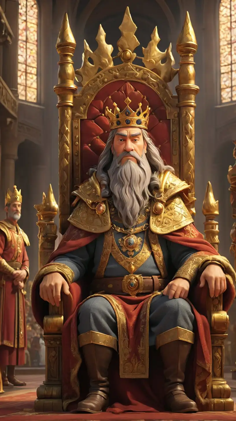 Create a 3D illustrator of an animated scene where a majestic, average aged king is sitting on his throne in a assembly hall of the kingdom, other ministers sitting in their seats. Beautiful and spirited background illustrations.