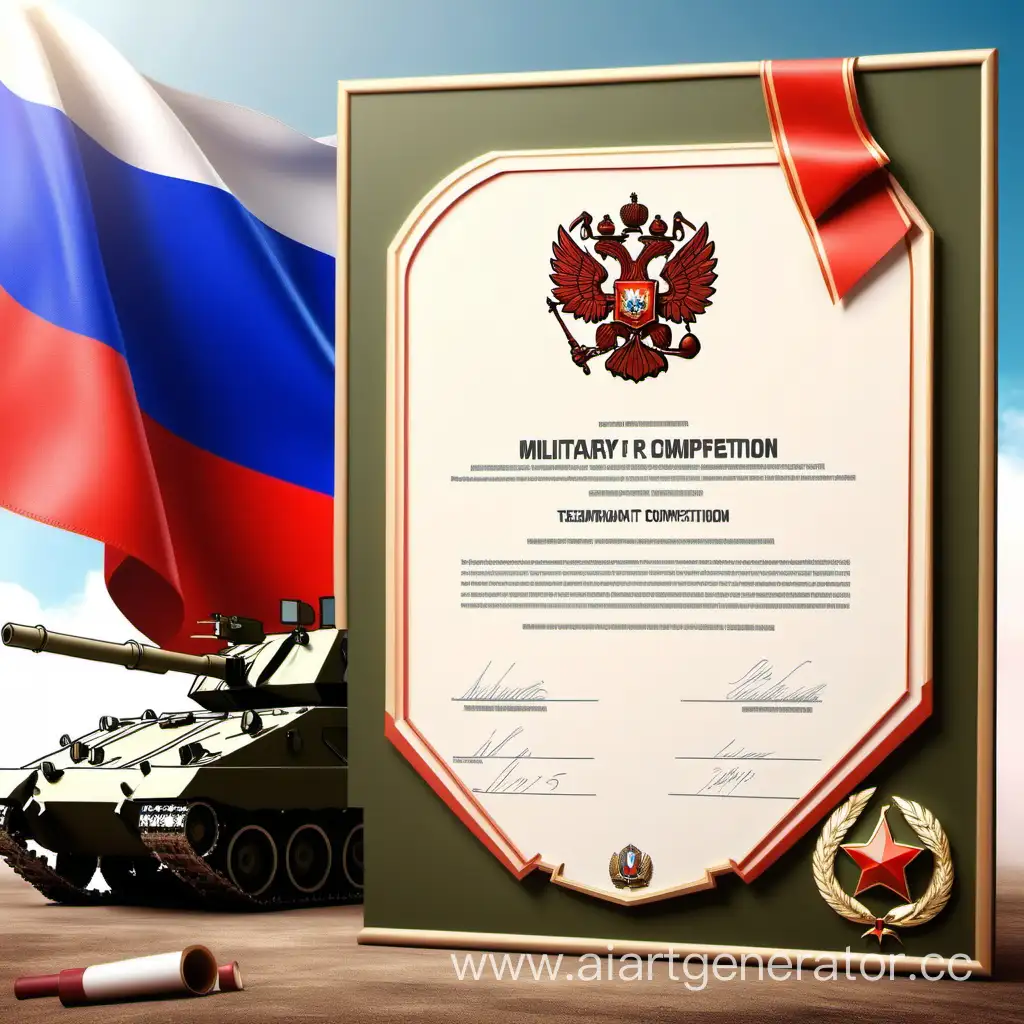 создай шаблон для грамоты по военно-спортивным соревнованиям по боевой подготовки, для учителей НВП, на русском языке, на красивом фоне военной техники, с государственным флагом Российской Федерации