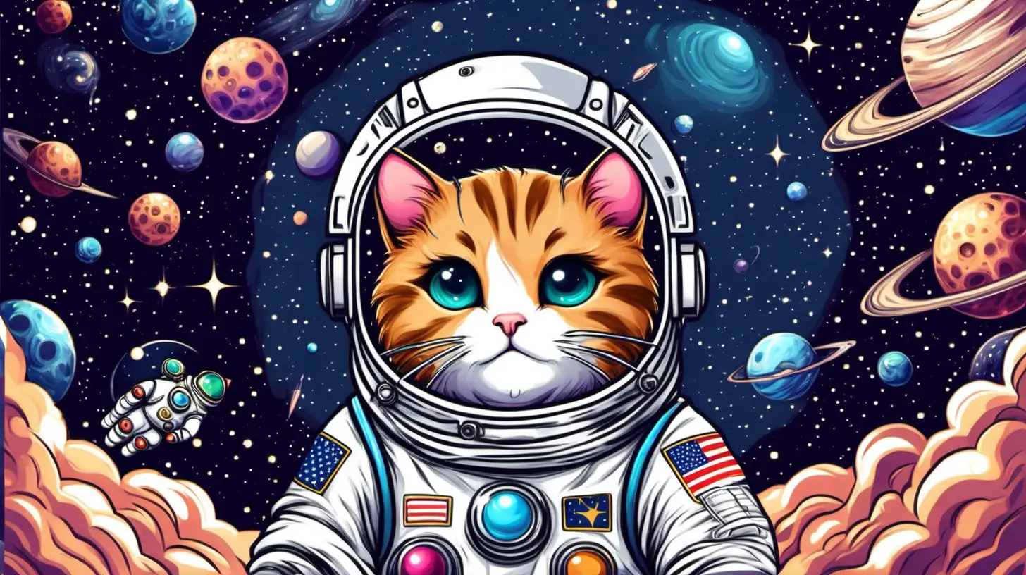 Create an AI-generated image of an adorable astronaut cat exploring the cosmos, with a space helmet and a cute kitty spacesuit