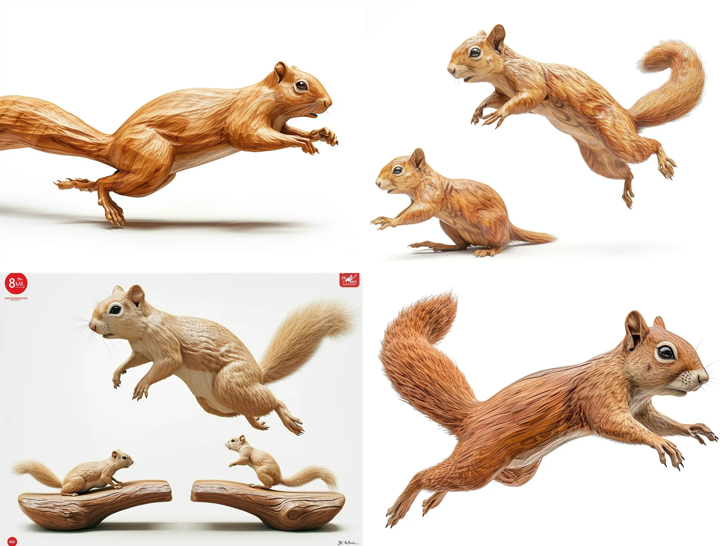 Professional sketch for wooden sculpture, a full-length squirrel jumping full-face and in profile, professional dynamic character, front back view and side view, wood carving, white background, 8k Render, ultra realistic --v 6 --ar 4:3 --no 28217