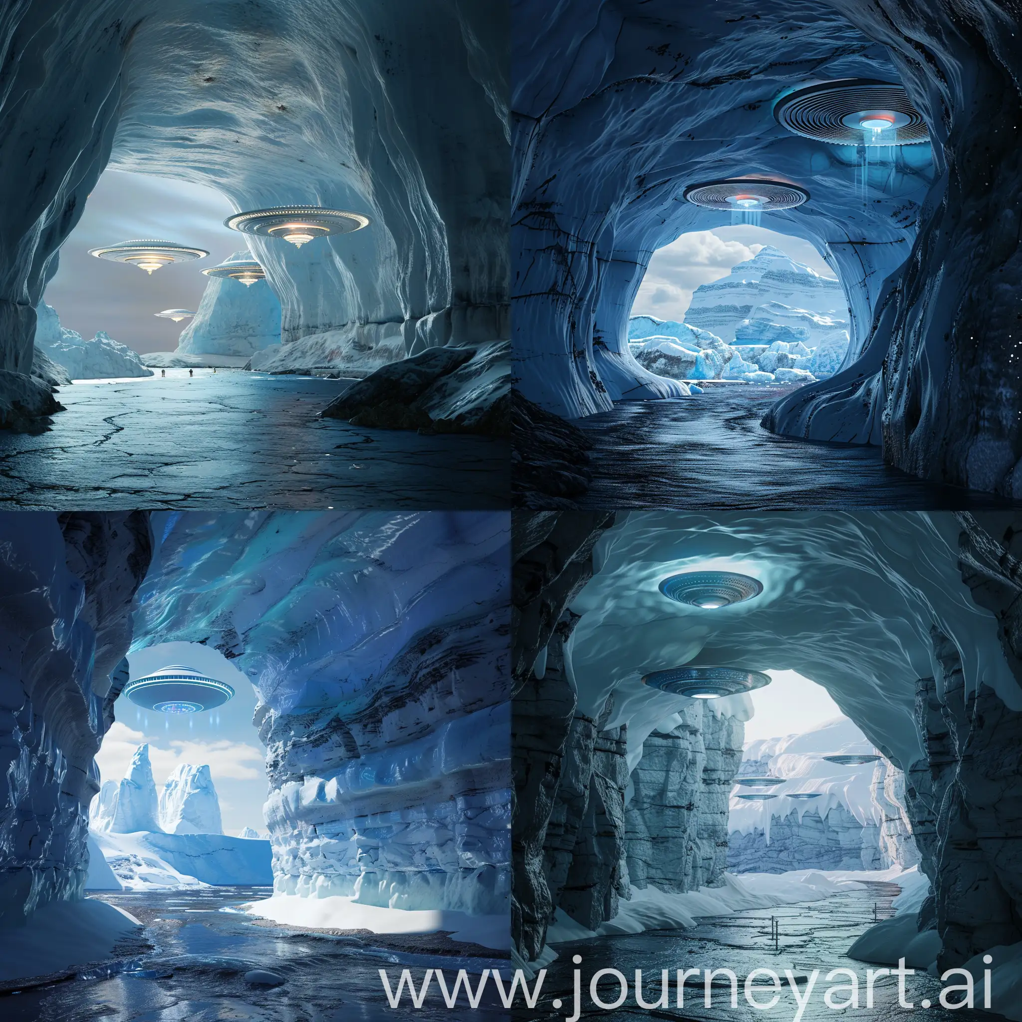   A tunnel in the Antarctic plate, leading to hidden disc shaped Ufo's, photorealistic, 8k
