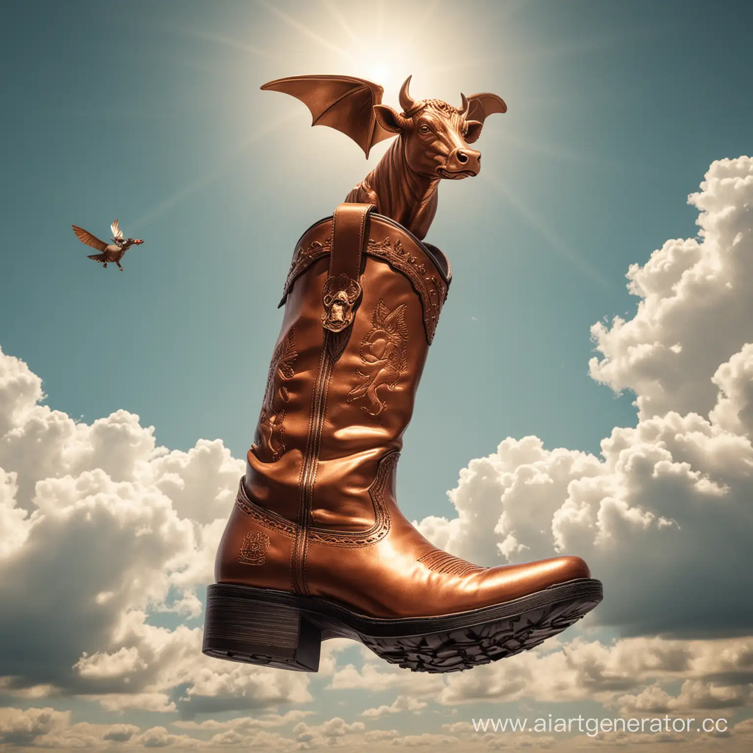 Flying-Copper-Bull-and-Joker-on-Spanish-Boot-in-Surreal-Sky