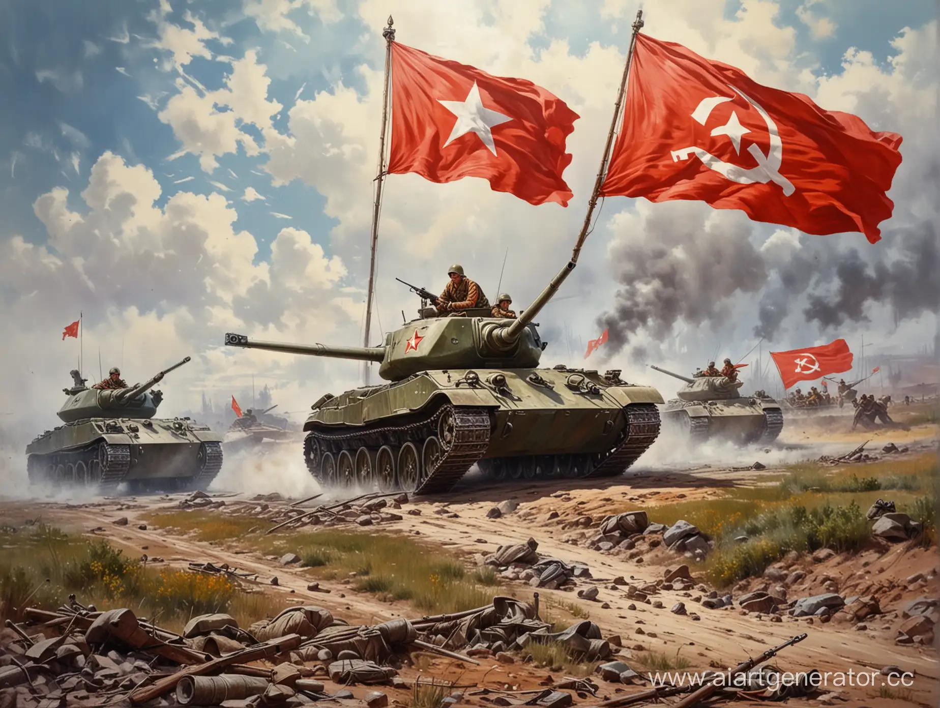 Soviet-Tanks-and-Soldiers-on-WWII-Battlefield-with-USSR-Flag